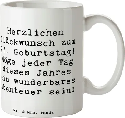 Produktbild von Mr. & Mrs. Panda Kaffeebecher Spruch 27. Geburtstag Abenteuer - Weiß - Geschenk, Jahr, Geburtstagsspruch, heißgetränkebecher, Kaffeetasse, Glückwunsch, Happy Birthday