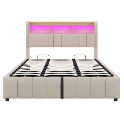 Produktbild von Flieks Polsterbett 180x200cm mit USB &Type-C, Boxspringbett Stauraumbett mit LED & Stauraumkopfteil, Doppelbett Jugendbett, Leinen, Beige