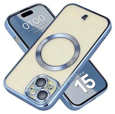 Produktbild von Handyhülle mit Kameraschutz und Magnetring für iPhone 15, Bizon Case GuardO, Transparent-Blau