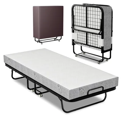 Produktbild von Klappbett 90x200 cm für Erwachsene, faltbares Gästebett mit 13 cm dicker Matratze, Metallbett mit Rollen, Reisebett bis 150 kg belastbar für Schlafzimmer, Wohnzimmer, Büro