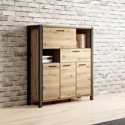 A modern wooden highboard with a gray metal frame is shown against a brick wall.