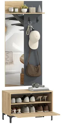 Produktbild von HOMCOM Garderobe Set mit Spiegel, Haken 60 x 13,5 x 127,5 cm Naturholz