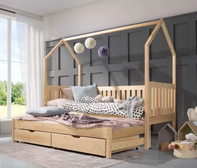Produktbild von KEF Bett Domi Haus Ebenerdig Doppelbett mit Zwei Schubladen Kinder – Kinderbett  – Lackiert – Höhe 173 cm - 80x180 Ohne Rausfallschutz Ohne Matratze