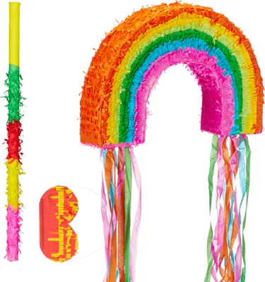 Produktbild von 3 tlg. Pinata Set Regenbogen, Pinatastab mit Augenmaske, für Kinder, Stock & Augenbinde, selbst befüllen, Piñata, bunt