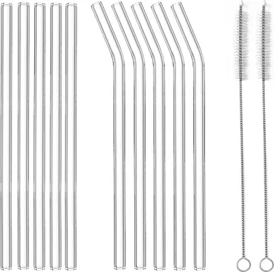 Produktbild von 12er Set Wiederverwendbare Trinkhalme Glashalme aus Glas waschbar transparent inkl. Reinigungsbürste Strohhalme Umweltfreundliche Trinkröhrchen Cocktailhalm