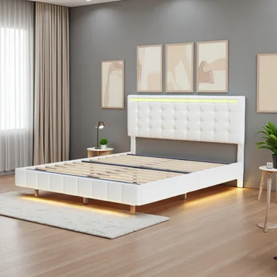 Produktbild von Fortuna Lai Polsterbett 140x200 cm, LED, USB, Schwebebett mit verstellbarem Kopfteil, Leinen, Beige