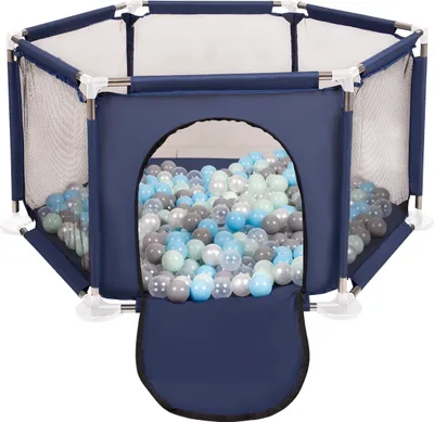 Produktbild von Selonis sechseckiger laufstall mit 100 bälle laufgitter für kinder, blau:perle/grau/transparent/babyblau/minze