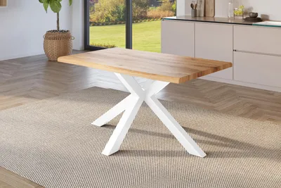 Produktbild von Esstisch 120x80 cm Baumkante Holz Wildeiche-Optik Spider-Gestell Metall weiß JULIUS