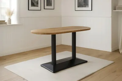 Produktbild von Bistrotisch Emilian | 110 x 50 cm | Akazienholz massiv | Farbe: Natur | ovale Form | schwarzes Doppel-Säulengestell aus Metall