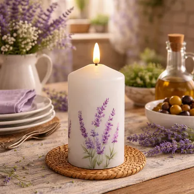Produktbild von LED Kerze mit Lavendel Motiv - Echtwachs - H: 14,5cm - D: 7cm - Batteriebetrieb - Timer
