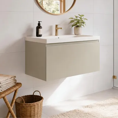 Produktbild von LOMAZOO Badezimmermöbel Greige 80cm - Weißes Waschbecken - Beige-graues Waschbeckenmöbel - Schwebender Waschbeckenunterschrank [MODENA]