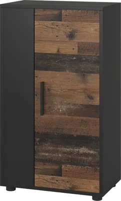 A product shot of a black and wood-grain cabinet against a white background.