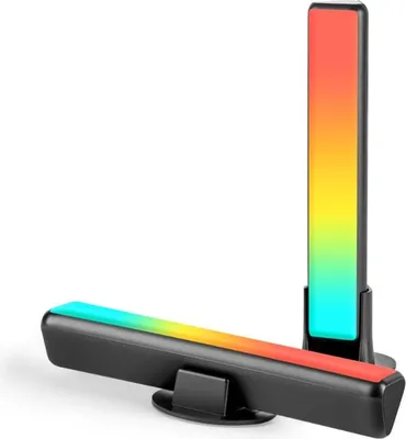 Two LED light bars with a gradient of colors, one standing vertically and the other lying horizontally on a black stand.