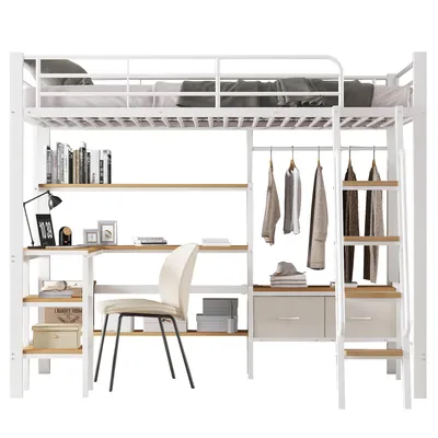 Produktbild von Hochbett mit Schreibtisch, Kleiderstange, Schubladen, Regal, Rausfallschutz und Leiter, Kinderbett, Metallbett, 90x200cm