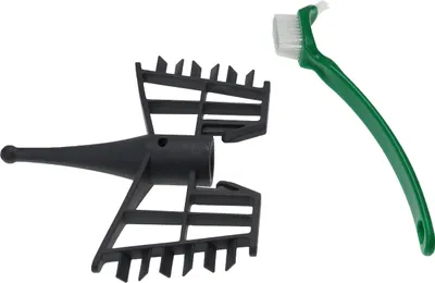 A black mixing attachment and a green cleaning brush are displayed against a white background.
