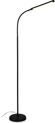 A black LED floor lamp with a curved arm and a flat light bar is shown against a white background.
