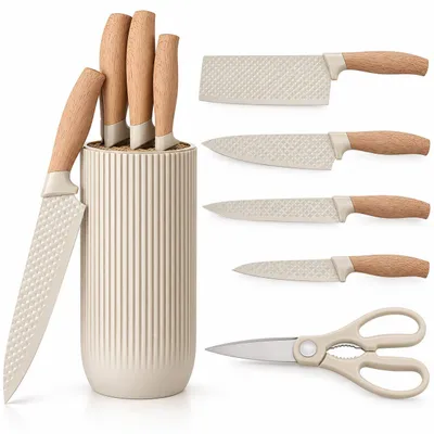 Produktbild von Messerblock (5tlg), 4 Messer, Schere, Edelstahl, Antihaftbeschichtung, Holzoptik
