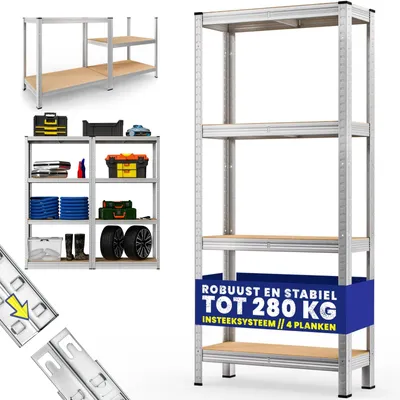 Productafbeelding van Opbergrek - Stellingkast - 170 x 75 x 30 cm - 280 kg - 4 planken - Metaal