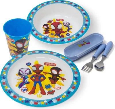 Produktbild von Kindergeschirr Set Spiderman - Kinder Geschirr Set mit Teller, Schüssel, Becher & Besteck - Spidey Geschirrset für Mädchen & Jungen - BPA frei