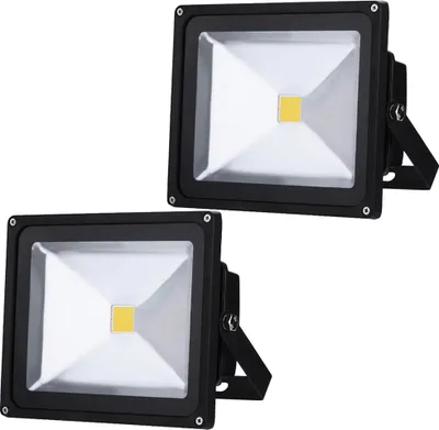 Two black LED floodlights are shown against a white background.