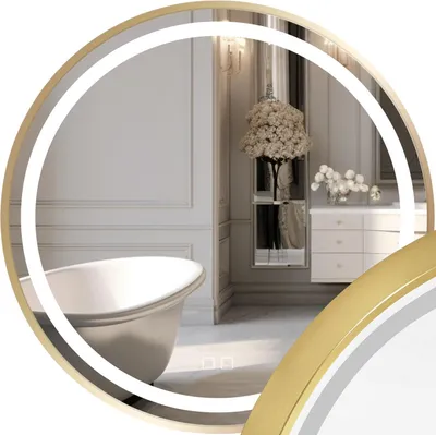 A luxurious bathroom scene reflected in a round, gold-framed mirror with integrated LED lighting.