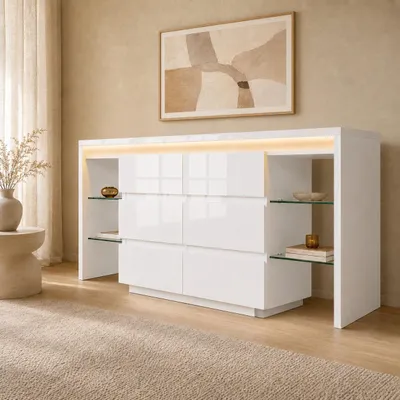 Immagine prodotto di Mobile bar MODFU, bianco lucido, con illuminazione LED integrata, contenitore con 6 cassetti e 4 ripiani in vetro, mobile multifunzione per soggiorno, dimensioni 155 x 40 x 80 cm