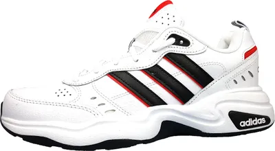 A side view of a white Adidas Strutter sneaker with black and red accents.