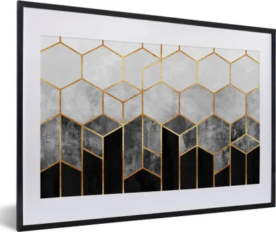 Produktbild von MuchoWow® Gerahmtes Poster Gold - Sechseck - Chic - Muster - Luxus 60x40 cm - Poster mit Schwarzem Bilderrahmen Wandposter Rahmen Foto Bilder - Schlafzimmer - Plakat in Rahmen - Drucken