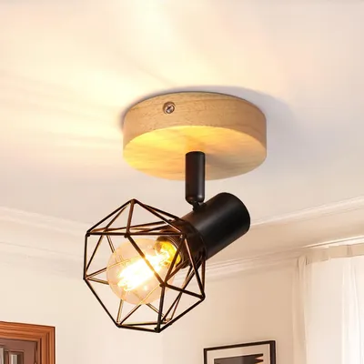 Produktbild von ZMH Deckenstrahler 1 Flammig Deckenleuchte Schwarz Holz Flurlampe Küchelampe Decke Industrial Deckenspots E14 Schwenkbar 350° Spotlight Schlafzimme
