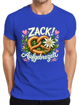 Produktbild von Zack Aufgebrezelt Brezel Edelweiss Lederhose Dirndl Herren T-Shirt, Blau, 3XL