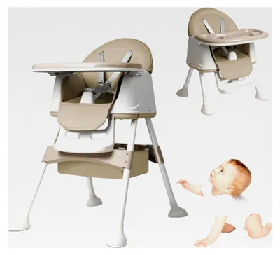 Produktbild von 3-in-1 Kinderhochstuhl, Klappbarer Baby Essstuhl mit Höhenverstellung, Verstellbarem Doppeltablett, Rollen und Abnehmbarem Sitz, Kombihochstuhl für Zuhause und Unterwegs, Beige