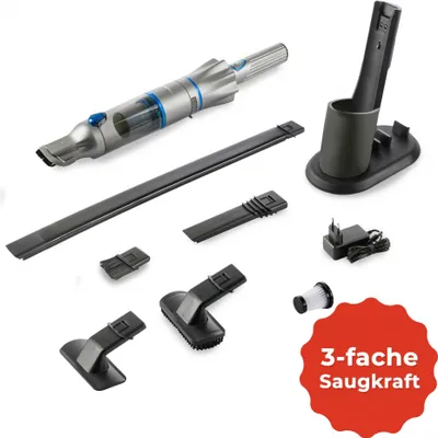A collection of vacuum cleaner parts and accessories laid out on a white background.