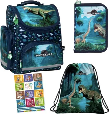 Produktbild von Schulranzen für Jungen und Madchen, 4er-Set - Schul-Rucksack für Kinder mit Federmäppchen - Schuhbeutel und Hausaufgabenheft - Dinosaurier Motiv
