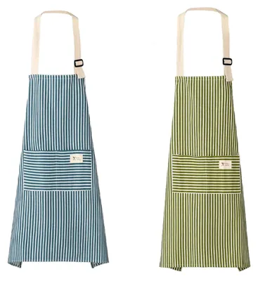 2er-Set gestreifte Baumwoll-Leinen-Schürzen, verstellbar, 2 Taschen, grün & blau