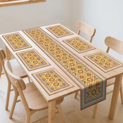 Produktbild von Boho Geometrische Blumen Tischläufer und Platzdeckchen Set von 6