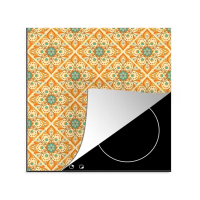 Produktbild von KitchenYeah© Herdabdeckplatte Mandala - Boho - Blumen - Orange - Muster , 78x78cm, Küche Deko, Glaskeramikkochfeld Herdabdeckung, Abdeckplatte fùr Kochfeld