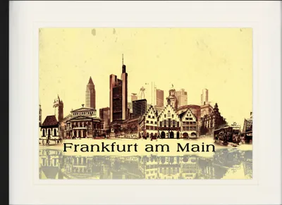 Zdjęcie produktu dla Oprawione zdjęcie Frankfurtu z eleganckim passepartout | Obrazy ścienne | W ramce na zdjęcia - Kolaż miejski, styl vintage (60 x 80 cm)