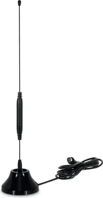 A black antenna with a magnetic base and a coiled cable is shown against a white background.
