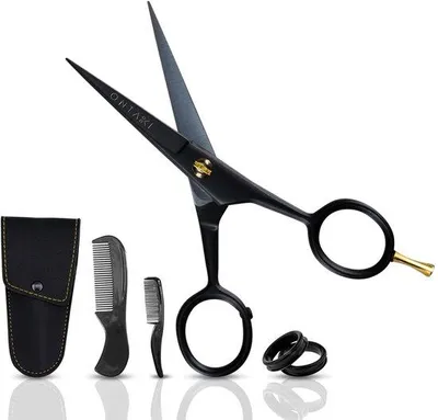 Produktbild von Bartschere und Bartkamm-Set mit Fingerstütze – 12,7 cm, Schwarz