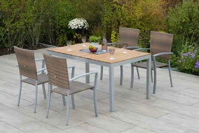 Obrázek produktu pro Merxx "Savona" 5dílná sada zahradního nábytku se stolem 150 x 90 cm - stříbrný hliníkový rám s proutím z přírodního šedého plastu a akátového dřeva
