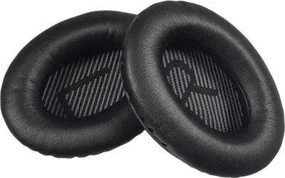 Two black ear pads for headphones are shown against a white background.