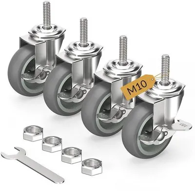 Image de Pneus en caoutchouc gris robustes de 75 mm avec frein M10x30 mm, lot de 4