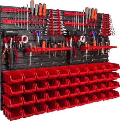 A tool wall organizer with various tools and storage bins.