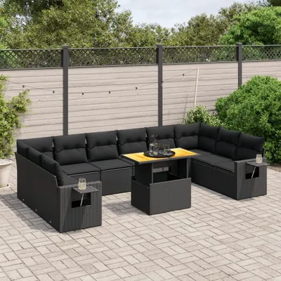 Produktbild von Design 11-tlg. Garten-Sofagarnitur mit Kissen Schwarz Poly Rattan, Gartenmöbel-Sets 2024 Neu