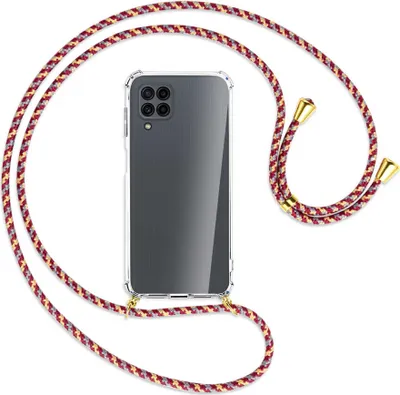 Produktbild von Handykette Backcover-Schutzhülle mit Band (Metall goldfarben) für Samsung Galaxy M32 (M325) - weinrot/gelb/grau
