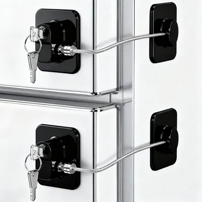 Produktbild von 2 Stück Kühlschrankschloss, Kindersicherung Kinder Ohne Bohren, Selbstklebend Fenster Kinder, Mit Schlüssel für Schubladen, Kühlschränke, Waschmaschinen, Schrankschloss (Schwarz)