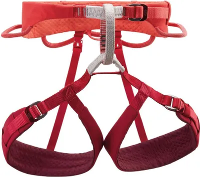Roter Petzl Luna Damenklettergurt mit gepolstertem Hüftgurt und verstellbaren Beinschlaufen