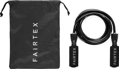 A black Fairtex jump rope and its storage bag are displayed on a white background.