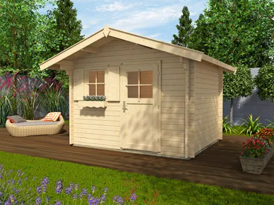Produktbild von WEKA 131.2525.10.00 Premium Gartenhaus/Blockbohlenhaus Nagold 3 mit Vordach (60 cm)/Einzeltür/Einzelfenster ; Größe: 1 ; Farbgebung: Naturbelassen ; Wandstärke: 45 mm ; Maße (LxBxH): 310 cm x 250 cm x 251 cm ; Seitenwandhöhe: 210 cm