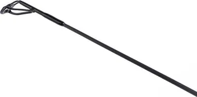 A black fishing rod with a guide at the tip, isolated on a white background.
